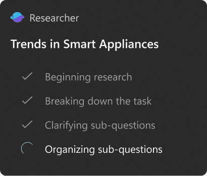 Researcher agent panel surfacing a Trends in Smart Appliances brief with a sub-task checklist
