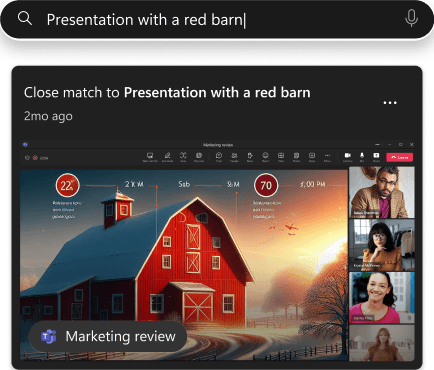 Recall search bar querying ‘Presentation with a red barn’ over a captured presentation slide