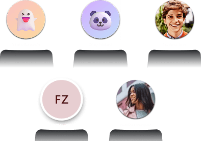 Five circular student avatars arranged in a constellation across a Teams classroom