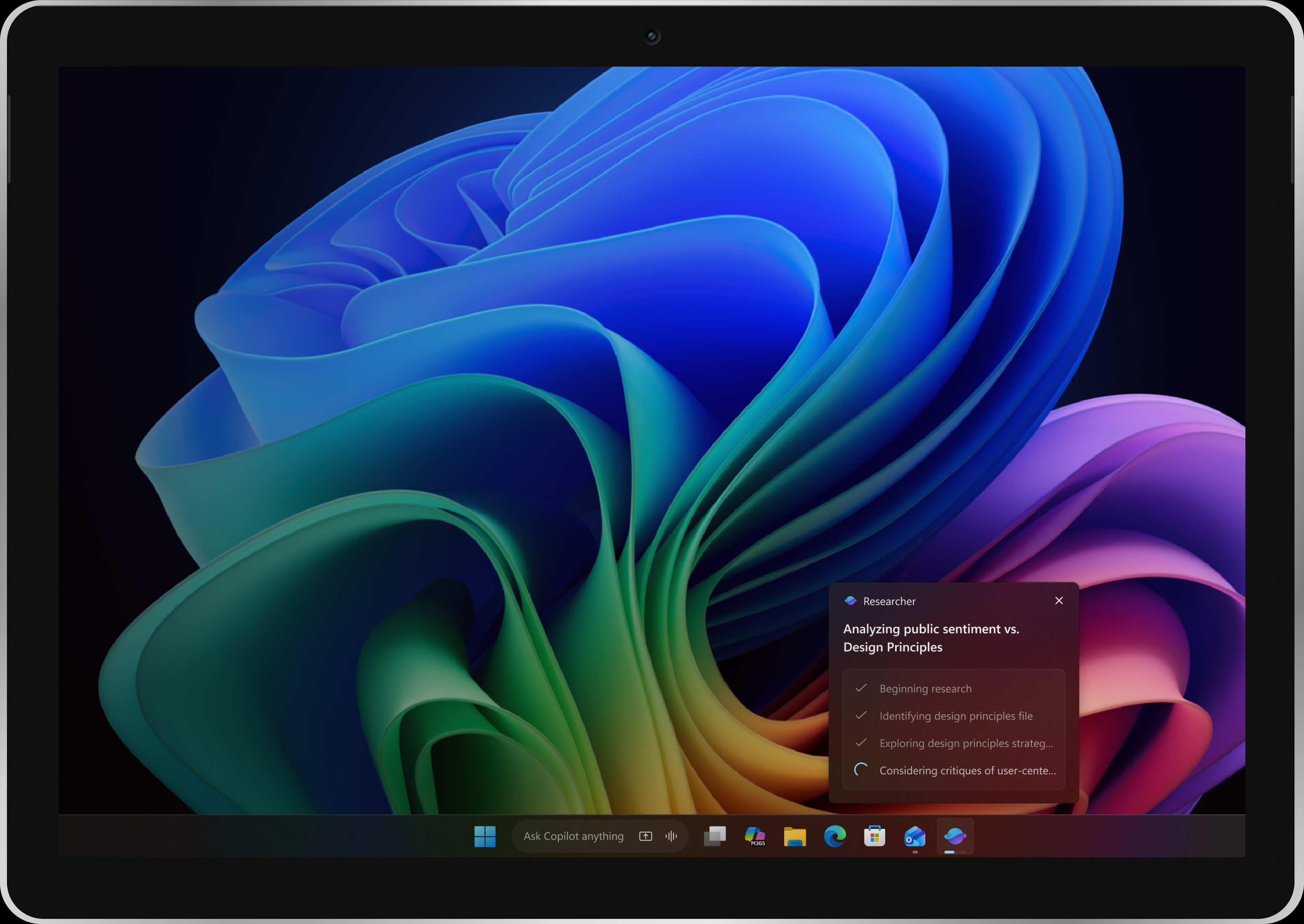 Agents in Windows, Researcher agent showing multi-step task progress on the desktop