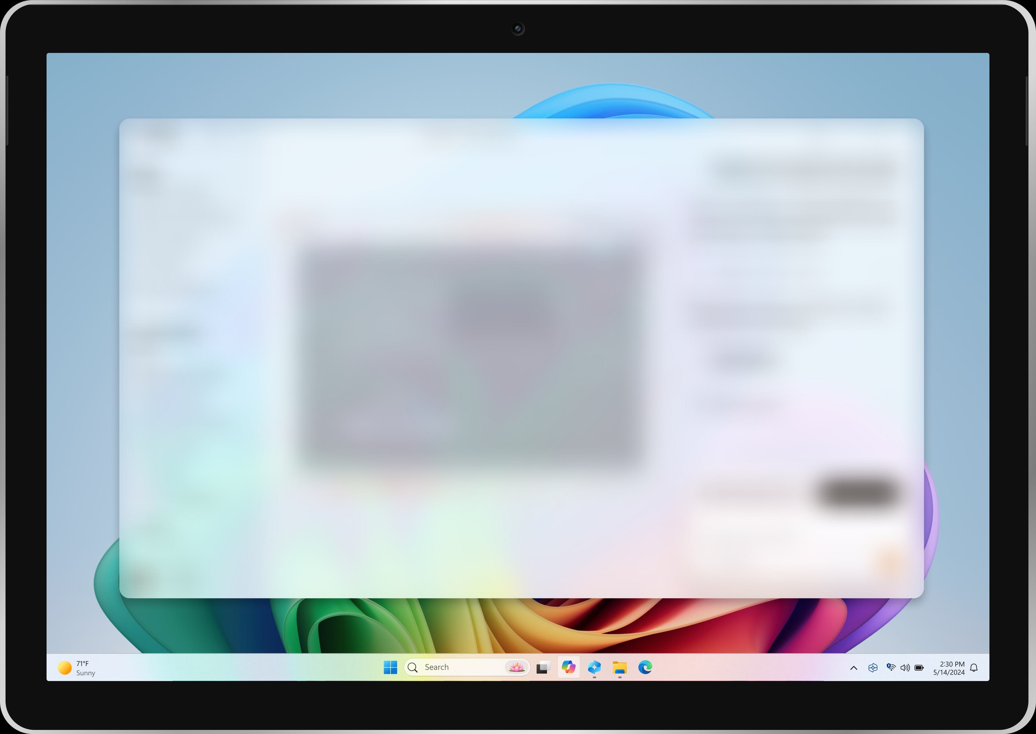 Copilot Actions, Windows desktop with blurred overlay suggesting unrevealed work