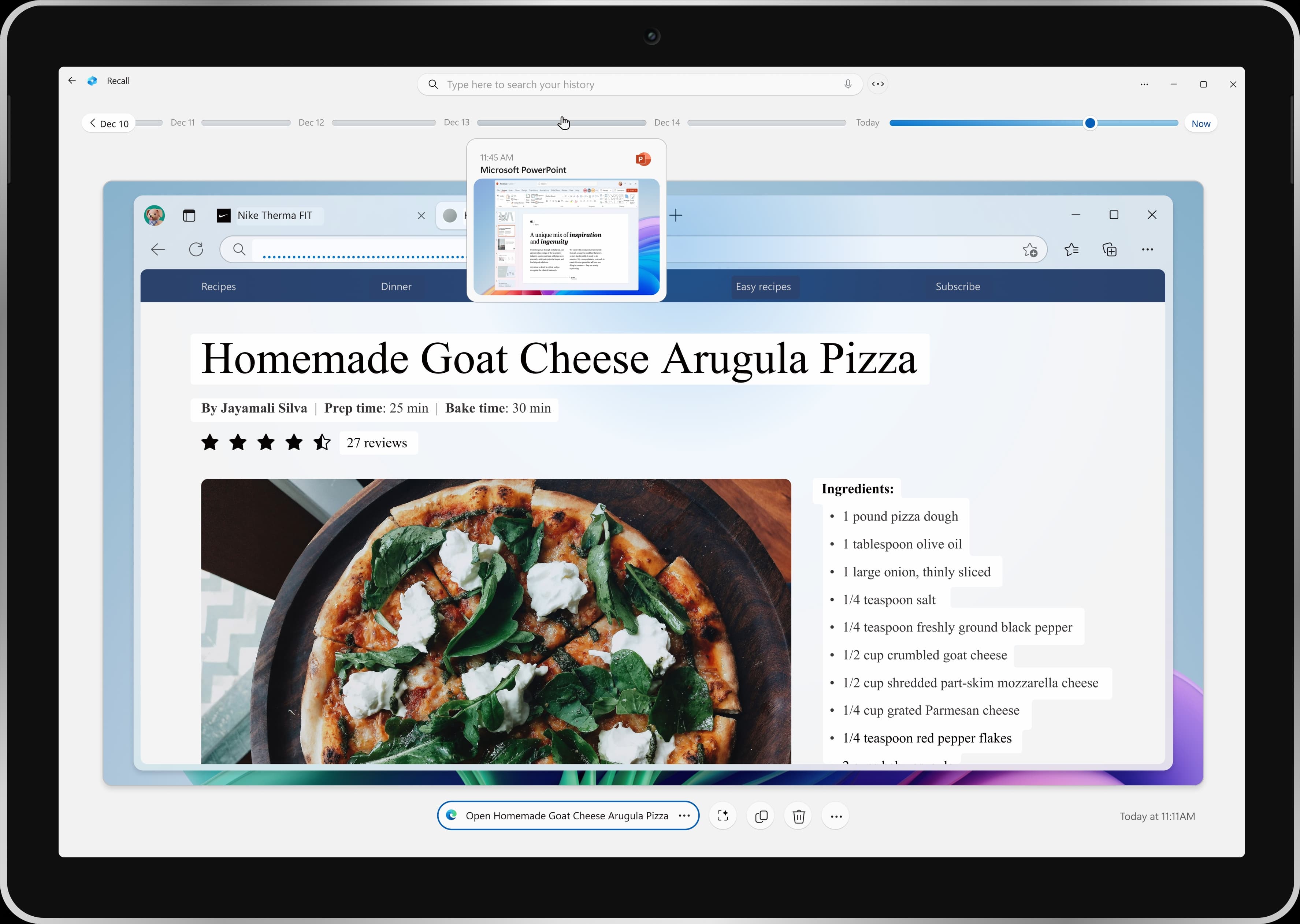 Windows Recall, semantic memory timeline showing visual search results and recalled content