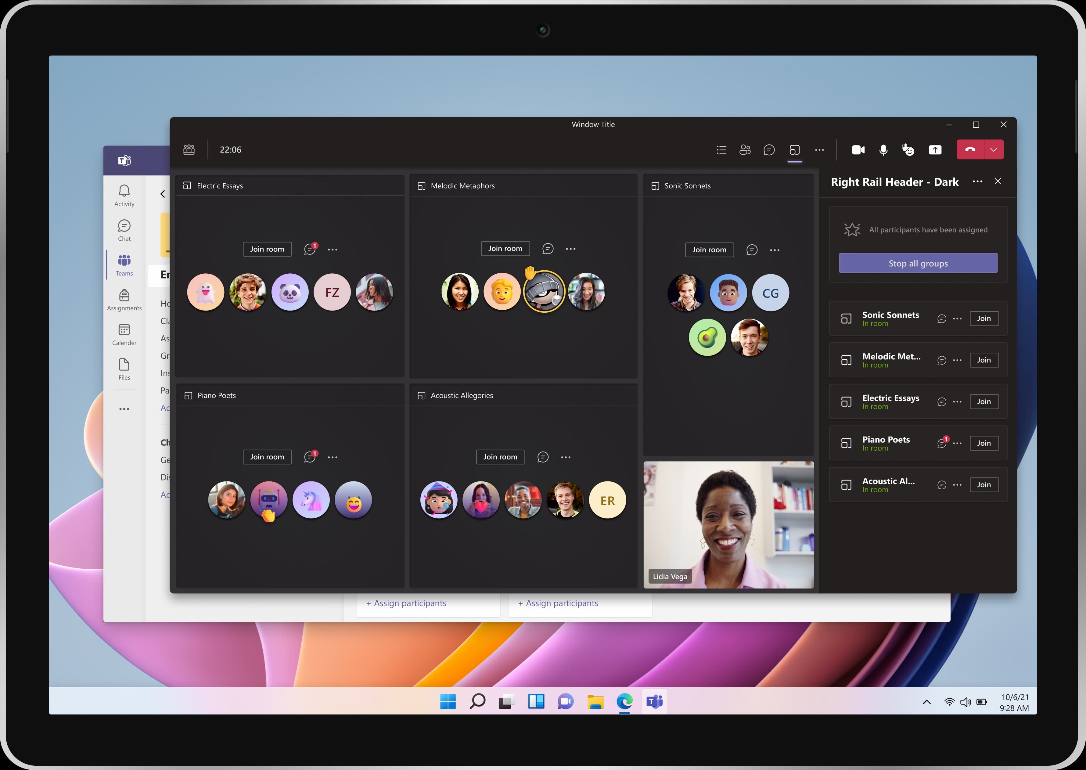 Teams for Education, virtual tables interface showing structured group collaboration