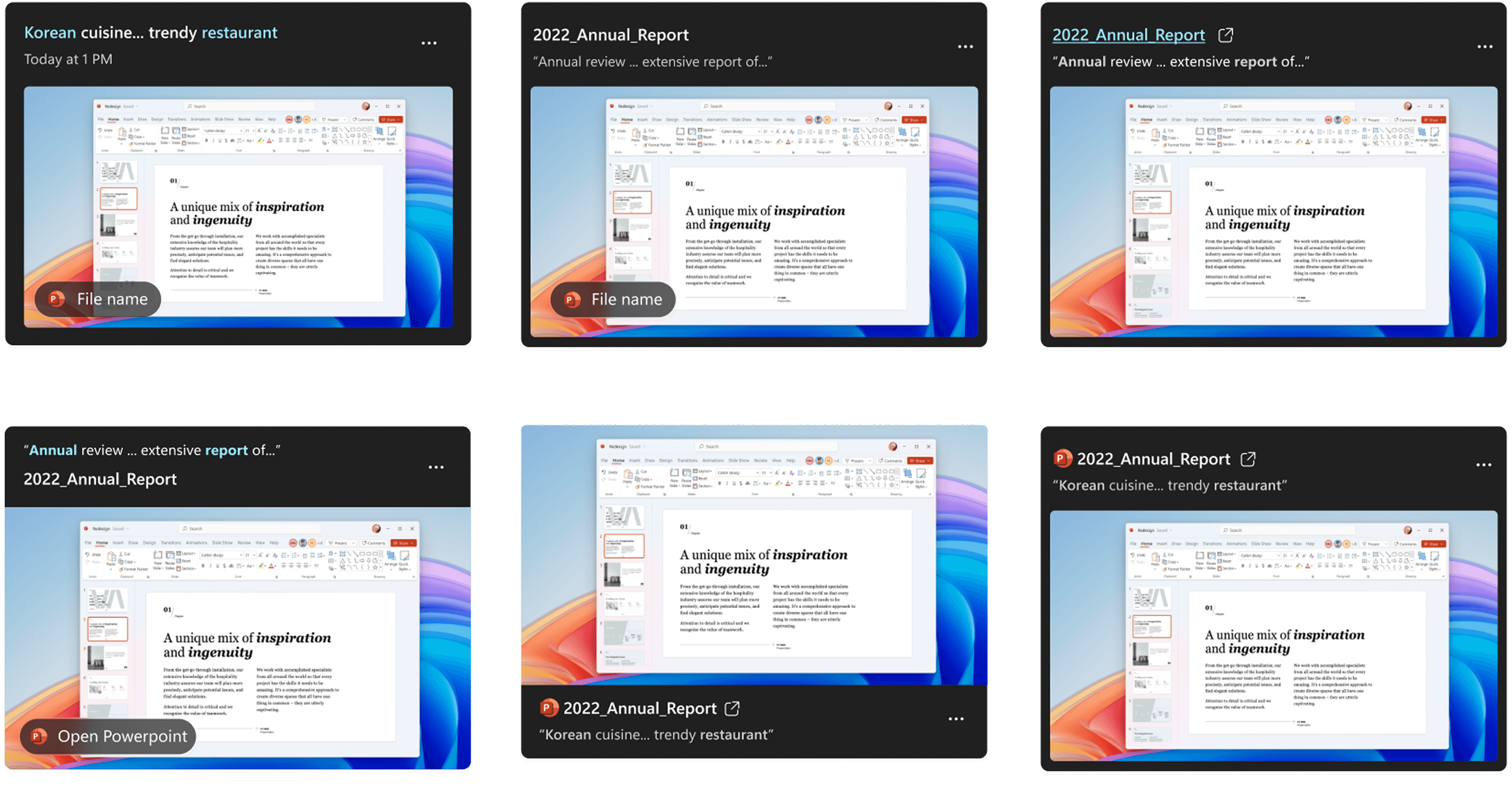 Six Recall cards in a 3-by-2 grid. Each anchored on a desktop screenshot with timestamp and app metadata secondary.