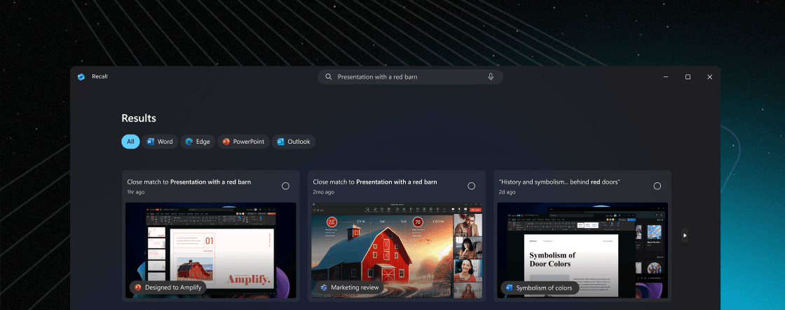 Recall app on a Windows desktop, search results page with multiple match cards
