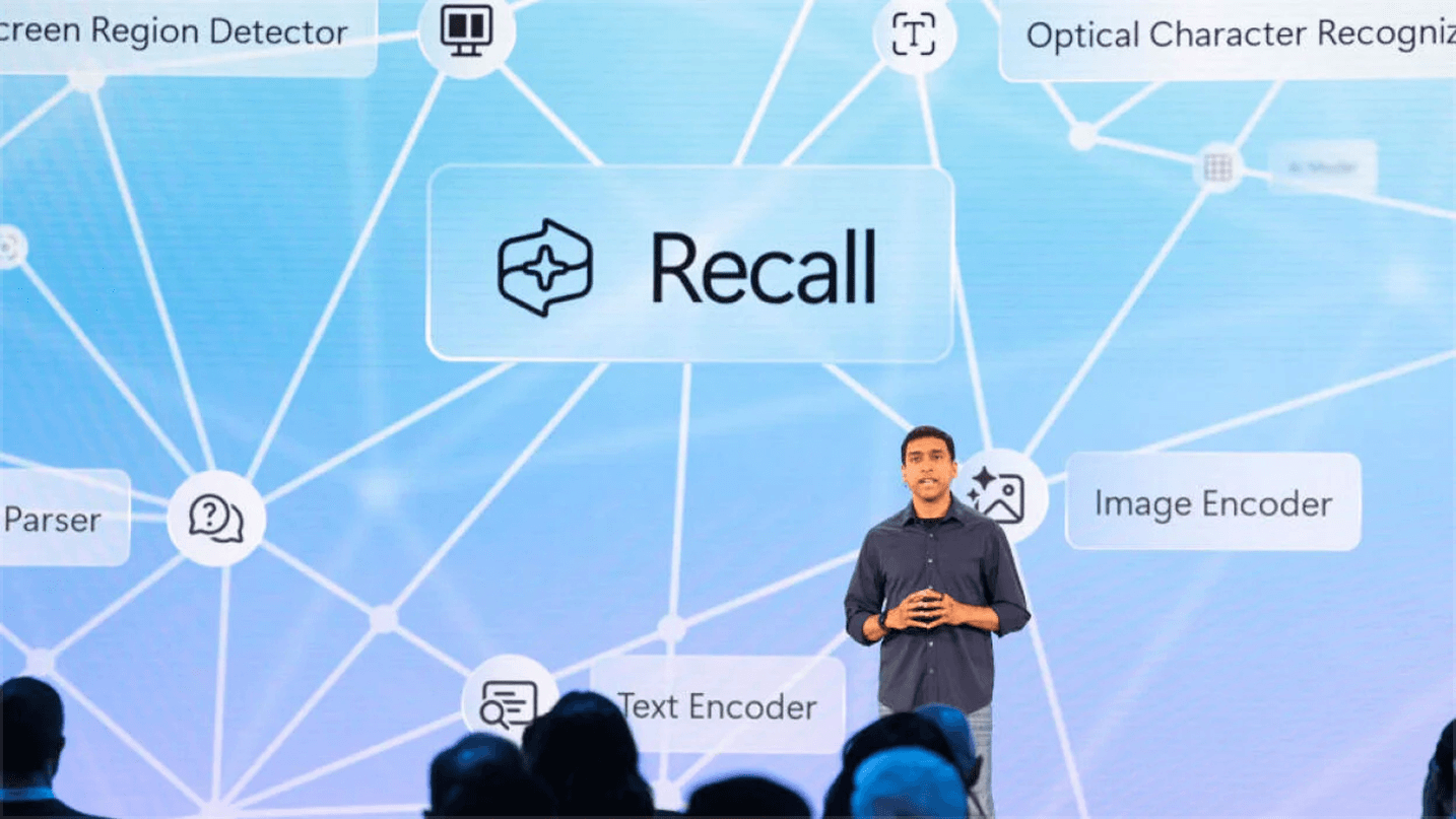 Recall introduced on stage at Build. System architecture diagram (Screen Region Detector, Optical Character Recognition, Parser, Text Encoder, Image Encoder) framing the Recall pill.