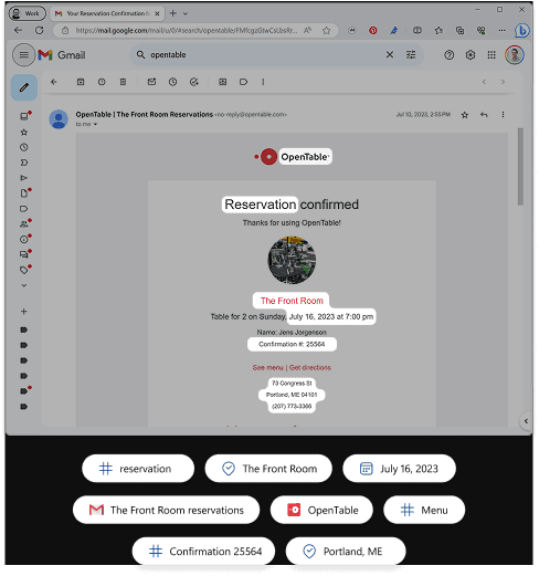 Gmail showing an OpenTable reservation confirmation, with extracted Recall chips below: reservation, The Front Room, July 16 2023, OpenTable, Menu, Confirmation 25564, Portland ME