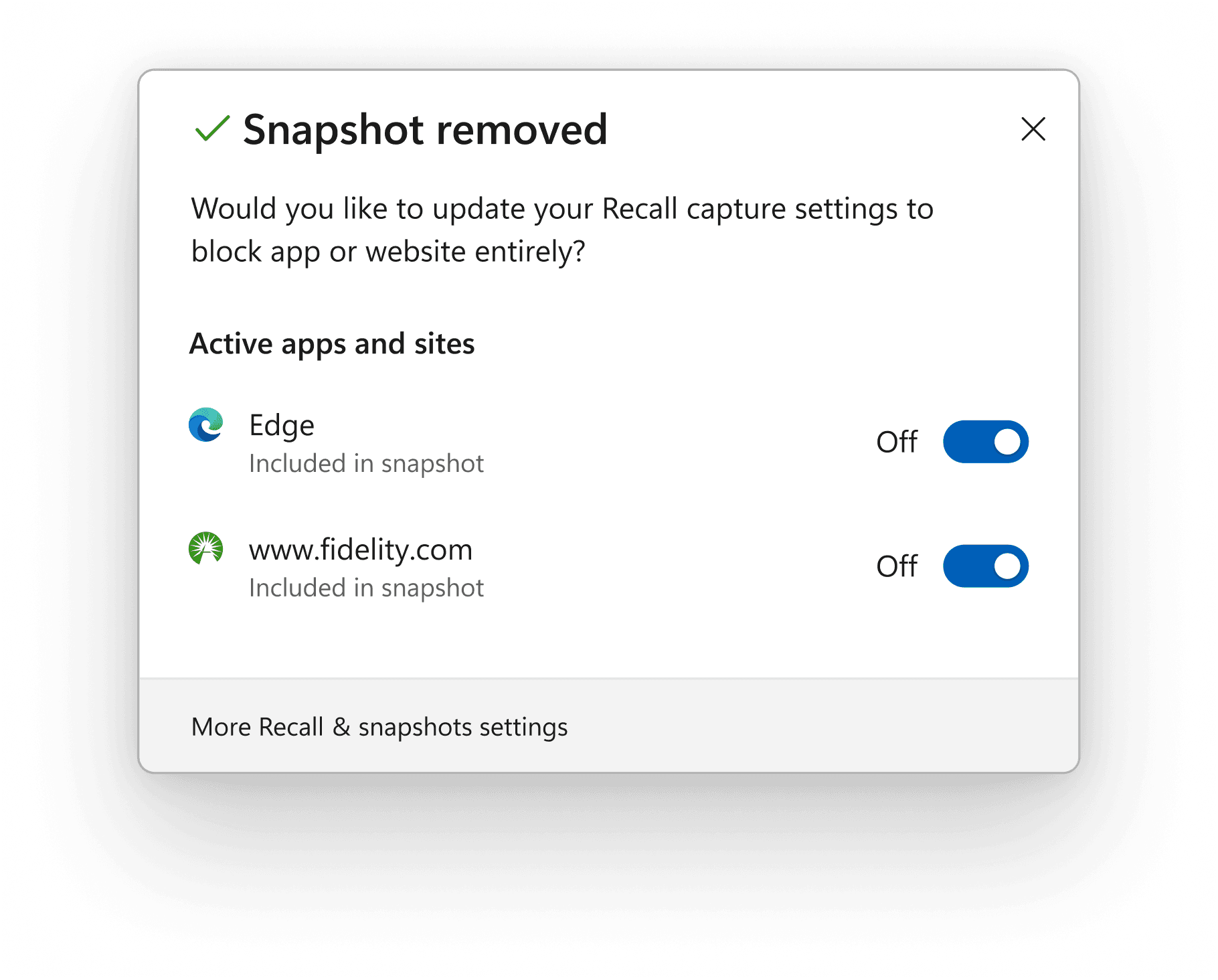 Snapshot removed confirmation modal with an option to update Recall capture settings to block specific apps and websites