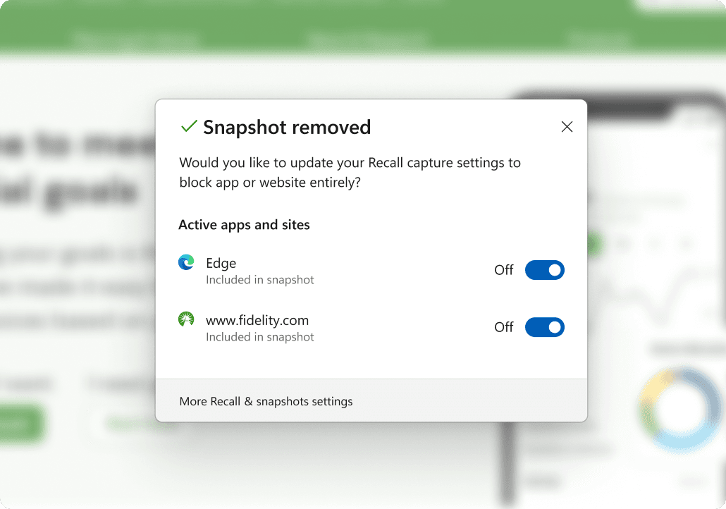 Recall card menu showing sensitive content (a credit-card snapshot from Fidelity) with a Delete snapshot action