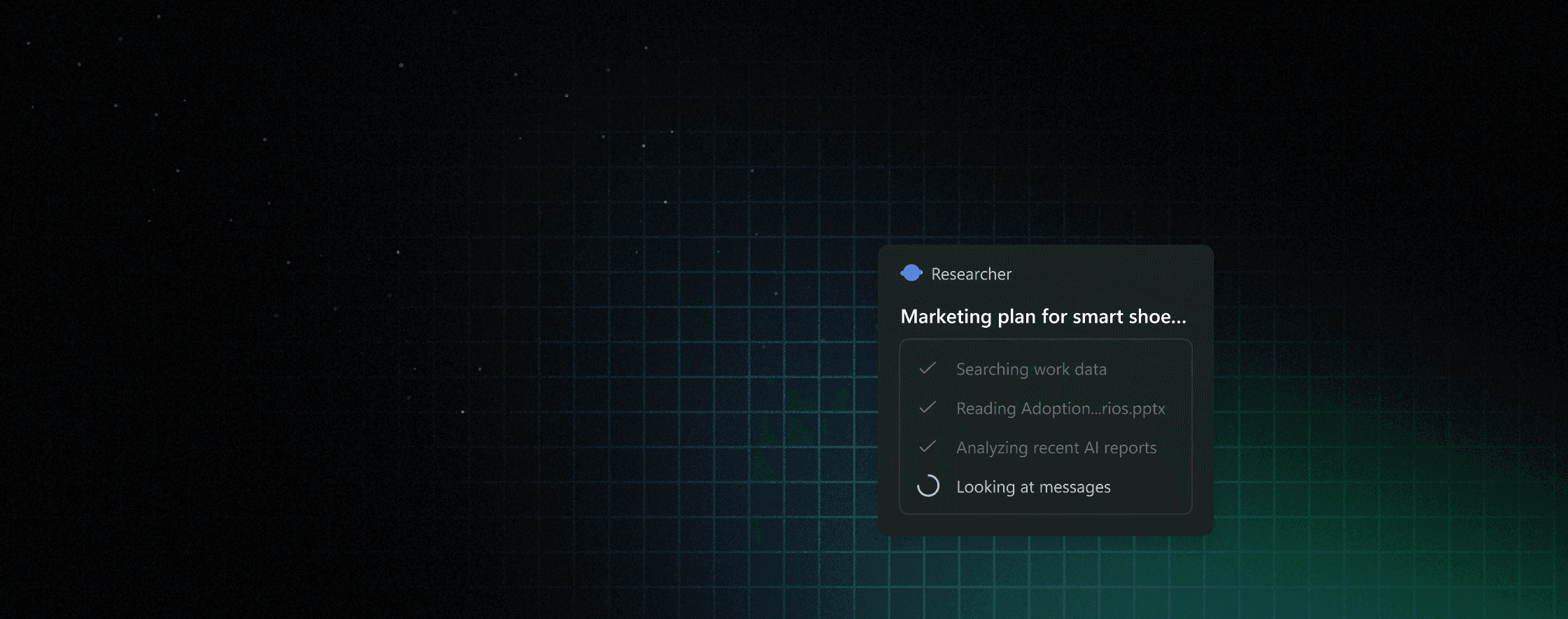 Windows desktop with a Researcher agent panel showing a checklist of in-progress sub-tasks